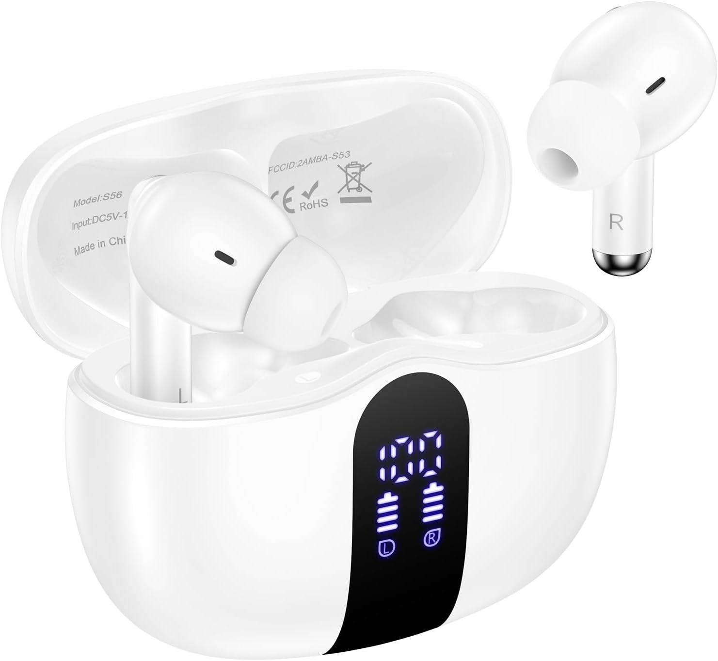 Wireless Earbuds Bluetooth 5.3, Bass Stereo in Ear Headphones with Mic 48H Playtime LED Display (White)