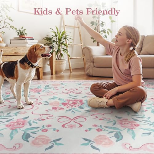 Collive Pink Floral Rugs for Girls, 5x7 Washable Bow Area Rug for Living Room, Cute Ultra-Thin Non Slip Indoor Decor Carpet for Nursery Kids Room Bedroom Playroom (Pink 5' x 7') - Image 5