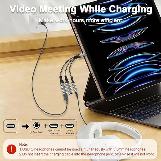 Image of USB C to 3.5mm Headphone and Charger Adapter, 3 in 1 Dual Type C Aux Splitter Charger Headphone Jack Dongle Cord Compatible for iPh /one 17 /16 /15 Pro /Max /Plus, iPad, Samsung Galaxy S22 /S23 /S24 Ultra