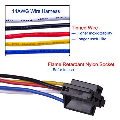 Ulincos Auto Relay U1914 With 14Awg Wire Harness, 12V Dc 30/40A Spdt 5-Pin (Pack Of 2) #TOP6