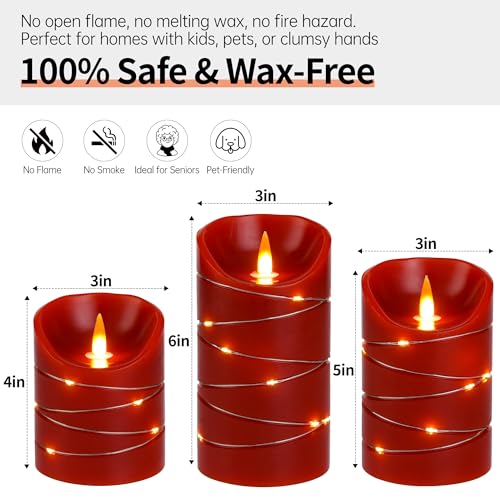 Image of Rechargeable LED Candles, Real Wax, 4 5 6 in,Red, 3 Pack | USB Rechargeable Real Wax Candles with Remote, Timer and Star Lights