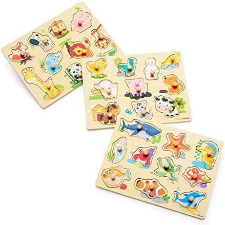 Orange Pieces Puzzles Toddler Learning Toys - Wooden Pegged Puzzles for Toddlers 3 Years 3 Puzzle Set for Kids Farm Animals, Jungle Animal, Sea Creatures Toy Perfect peg Board for Children Learning