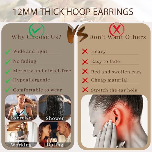 Senteria 12mm Wide Thick Hoop Earrings 925 Sterling Silver Hoop Earrings for Women Hypoallergenic 14K Real Gold Plated Hoops Large Earring Lightweight Chunky Hoops Earring for Women 25/30/40/50MM - Image 6