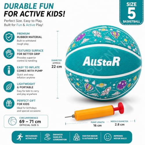 Image of PLUSPOINT Kids Basketball with Air Pump | Colorful Printed Rubber Basketball for Indoor & Outdoor Play | Training Sports Ball for Kids | Easy Grip Recreational Basketball