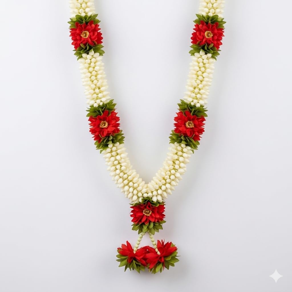 Artificial Jasmine Flower Garland, White and Red, Reusable, for God Idol and Photo Frame Pooja Decoration-image-27