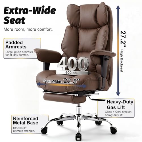 Image of Efomao Executive Office Chair 400lbs,Brown Big and Tall Desk Chair | Mattress-grade pocket spring cushion, sleek leather, 135 recline & footrest for computer gaming setup.