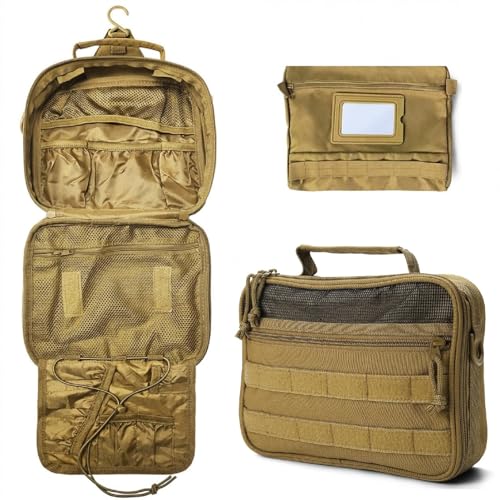 VELVEBAG Tactical Toiletry Bag for Men, Mens Toiletry Travel Bag, Hanging Waterproof TravelShaving Hygiene Bag, Bathroom Multi-pocket Organizer, for Short Trips, Camping & Gym, Khaki