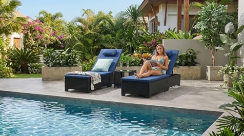 Image of UF Outdoor Poolside Lounger with Adjustable Backrest Sun and Patio Table Chaise Recliner for Terrace Garden Poolside for Relaxation Durable and Stylish- Set of 2 (Brown & Blue)