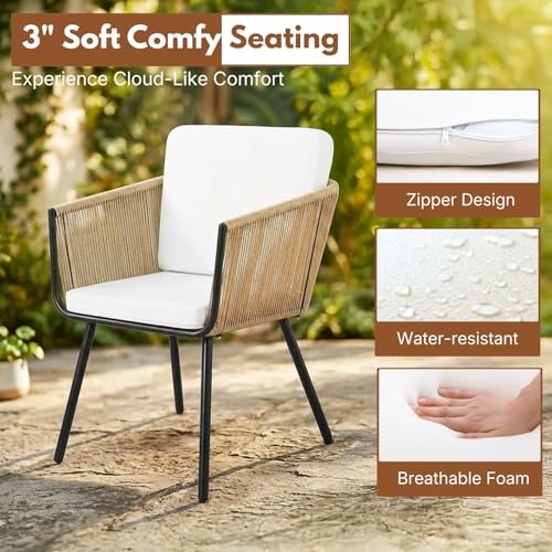 Image of DEVOKO Patio 3 Pieces Porch Backyard Garden Outdoor Rope Chairs with Weather Resistant Cushions and Glass Top Table Conversation Set (Beige and White)