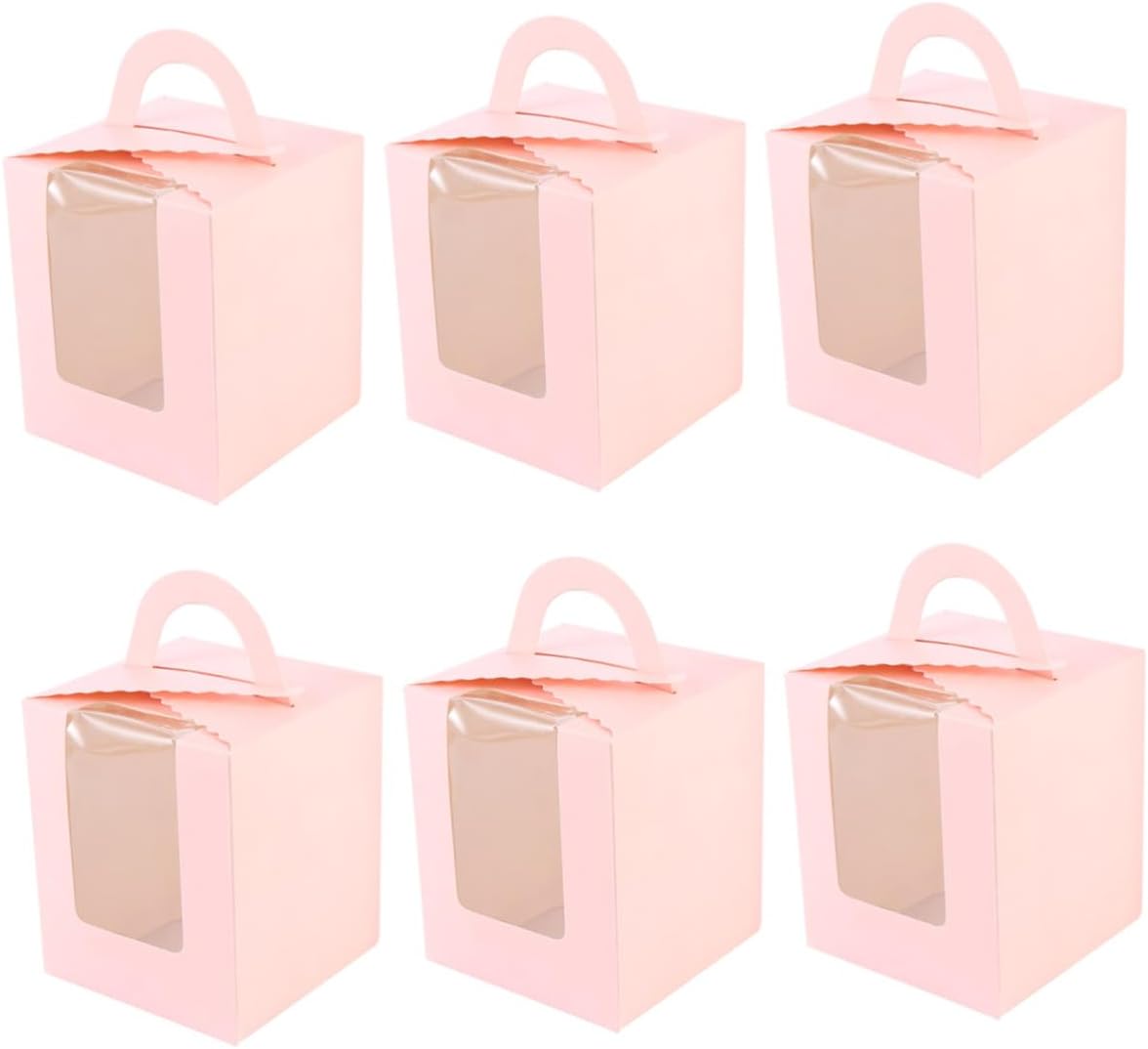 50pcs Pink Single Paper Cupcake Boxes with Window and Handle, Portable Food Packaging Dessert Containers for Party, Wedding, and Bakery Use