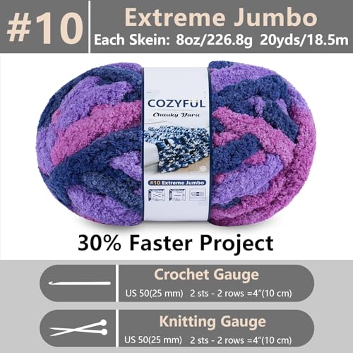 Image of Cozyful Chunky Yarn for Hand Knitting - #10 Chunky Chenille Blanket Yarn, Jumbo Big Thick Chunky Yarns for Crocheting, Tie Dye Bulky Knit Yarns, 8 Skein (20 yds 8 oz Each Skein), Multi Purple