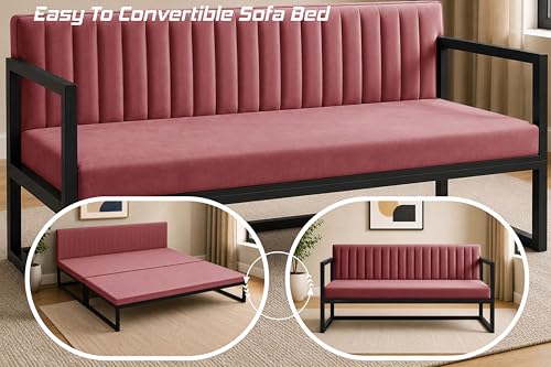 Image of Metal Sofa Cum Bed for Living Room | Modern Industrial Design Metal Frame 3 Seater Sofa Bed for Home, Office & Lounge-Rose Pink