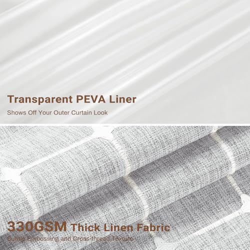 Image of BTTN 3 in 1 Shower Curtain with PEVA Liner, Grey Boho Linen Fabric Shower Curtain Set with Plastic Hook, Farmhouse Bohemian French Country Waterproof Cloth Shower Curtain for Bathroom, Gray, 72x72