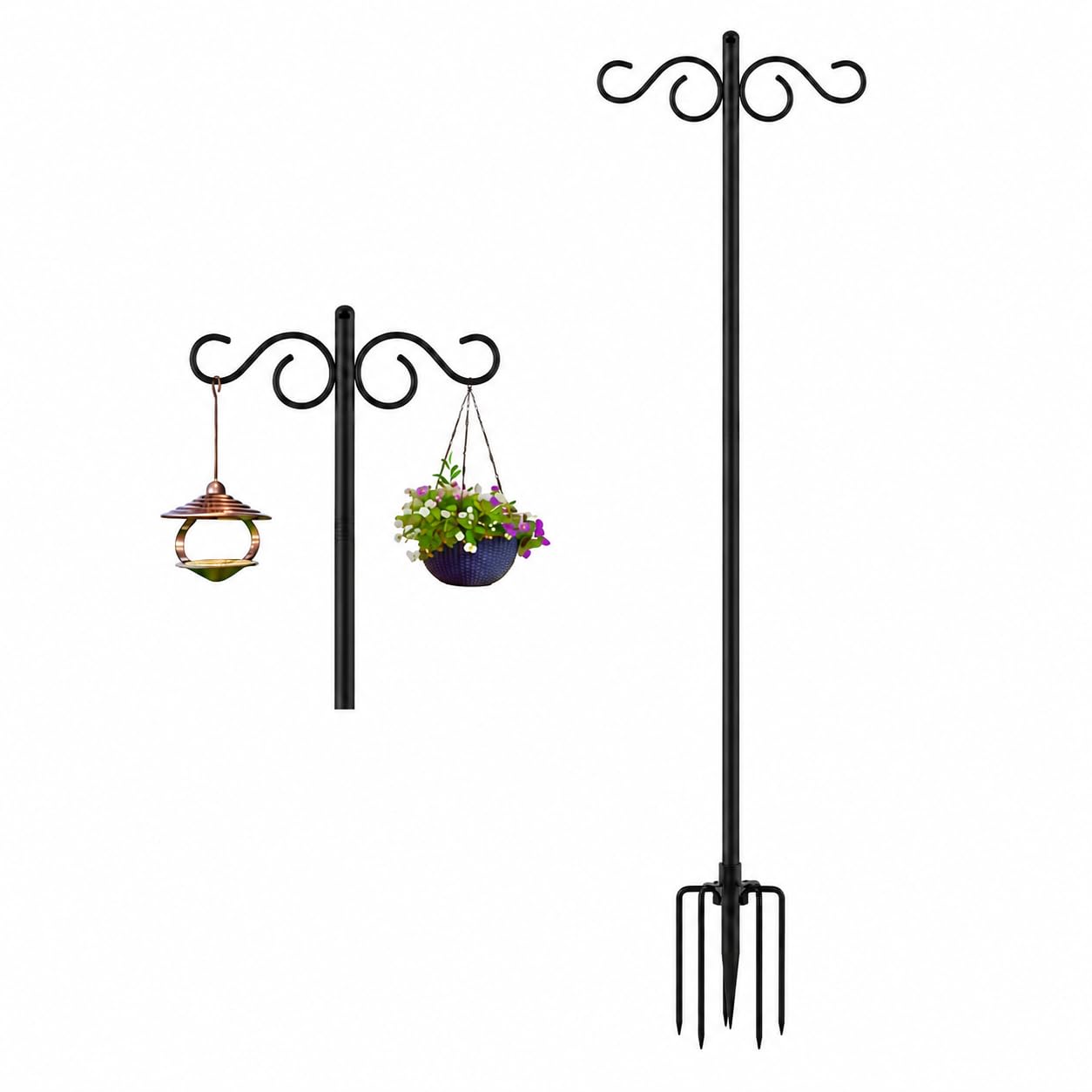 233cm Bird Feeder Pole Heavy Duty, Tall Metal Bird Feeding Station with Large Shepherd’s Crook Garden Hooks for Feeders, Lanterns, Flower Baskets, Wind Chimes and Outdoor Decorations