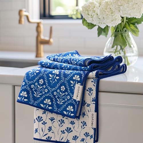 RECYCO Waffle Kitchen Towel Set of 2 - Quick Dry Microfiber Sustainable Dish Towels - Ultra Absorbent Reusable Cleaning Tea Towels - Lightweight Hand Towels,16”x 28”, Coastal Bliss