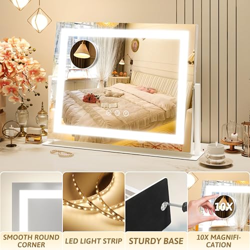 Image of ROLOVE Vanity Mirror with Lights 22 inchx18 inch, Lighted Makeup Mirror with 10X Magnification, Smart Touch 3 Colors Dimmable, 360 Rotation, Women Gift, Dresser Mount, Bathroom (White)