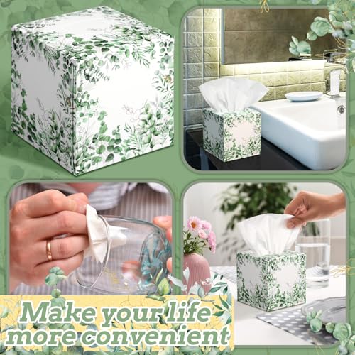 Image of Fourluoo 12 Pack Eucalyptus Facial Tissues Cube Boxes, 600 Sheets 3 Ply | Small Square for Bedroom Car Office Desk, Green Eucalyptus Leaf Print, Soft Tissues Bulk for Fall Spring Home Decor Supplies