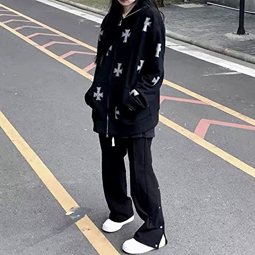 Soliloquy Women Hip Hop Joggers Zip Hoodie Korean Fashion Punk Sport Coat Pullover Rhinestone Gothic Long Sleeve Sweatshirt Y2K Jacket(Cross,L) #TOP3