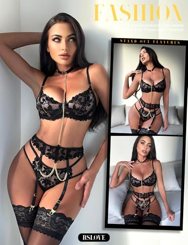 Image of RSLOVE Women's Lingerie Sets with Garter Belt 3 Piece Sexy Lace High Waist Bra and Panty Set Push Up Exotic Sleepwear