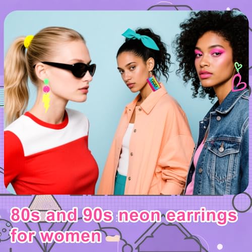 3 Pairs 80s 90s Neon Earrings for Women, Acrylic Retro Heart Tape & Lightning Geometric Dangle Neon Earrings for 80s 90s Disco Theme Party Accessories Glowing Party Jewelry 6