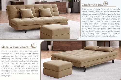 Image of Rosebell Modern Three-Seater Sofa Cum Bed - Foldable Velevt Fabric Sofa, Foam Seating, Stylish Design for Living Room, Guest Room & Office-Golden