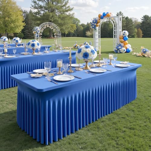 Image of NSSONBEN 2 Pack Royal Blue Spandex Tablecloths 6ft, Wrinkle Free High Stretch Fitted Table Cloths for 6 Foot Rectangle Tables, Ruffle Skirt Spandex Table Covers 6ft for Party Wedding Banquet