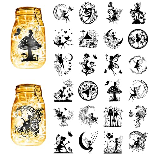 CREATCABIN 24Pcs Fairy Silhouettes Mason Jar Decor Angel Lantern Laser Cutouts Ornaments Mushroom Moon Scrapbook for Frosted Glass Wall Windows Cars DIY Crafts Xmas Black 3.9x3.5Inch(No Sticker)