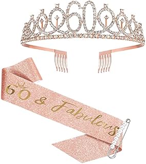 60th Birthday Sash and Tiara for Women, Rose Gold Birthday Sash Crown 60 & Fabulous Sash and Tiara for Women, 60th Birthday Gifts for Happy 60th Birthday Party Favor Supplies