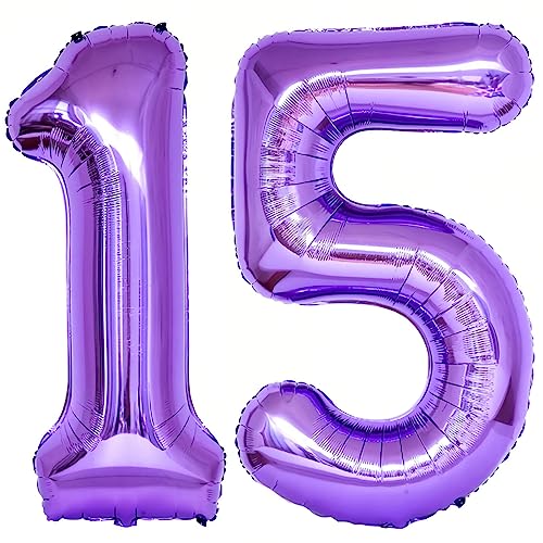 Image of Number 15 Purple Balloons 40 Inch Giant Purple 15 Number Foil Helium Balloons for 15th Purple Birthday Party Supplies 51st Anniversary Events Decorations