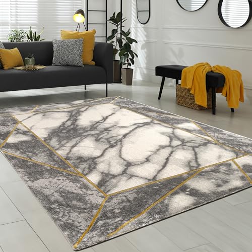 Paco Home Tapis Poil Ras Gris Doré Doux Salon Aspect Marbré Différents Designs, Dimension:120x170 cm, Couleur:Or 5