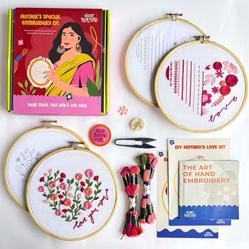 Image of KNOT YOUR TYPE Cotton Mother's Love DIY Embroidery Kit with Gift Box-Bundle of 2|Hand Embroidery Kit with All Stitching Materials|Perfect Art & Craft Gift Set,Stitching Kit for Adults,Multicolor