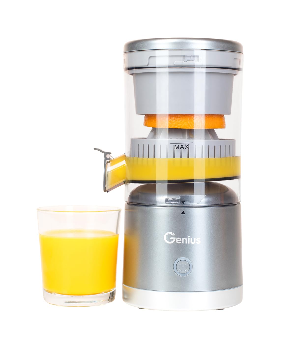 Genius Nicer Dicer - Exprimidor de cítricos (6 piezas, exprimidor eléctrico, exprimidor de naranjas, duración de la batería de hasta 25 min, 45 W, depósito de 200 ml, apto para lavavajillas)