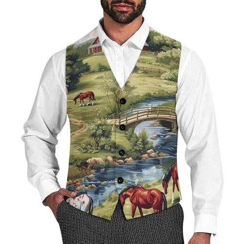 Farmhouse Bridge Horse Scene Novelty Men's Suit Vest Casual Formal Dress Vests Business Waistcoat