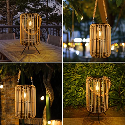 Livinlarge Solar Lantern Outdoor Waterproof, Large Solar Rattan Lantern Outdoor Hanging With Handle, Bright Solar Outdoor Lights With Edison Bulb For Garden Patio Yard Tabletop Decoration #TOP6