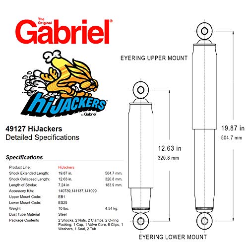 Image of Gabriel 49127 HiJackers Rear Adjustable Air Shock Absorbers Fits Ford Bronco, E-100, E-200, E-300, F-100, F-250, F-350; Jeep Cherokee, Grand Wagoneer, J-2500, J10, J20, Wagoneer, Wrangler (1 Pair)