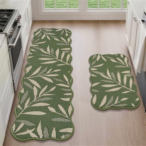 JSEI Scalloped Kitchen Rugs with 3D Leaf Pattern, 2 Pcs Kitchen Mats for Floor, Non-Slip Washable Kitchen Runner, Absorbent Rugs for Kitchen, Laundry & Sink, 17"x30"+17"x60", Green — view 4