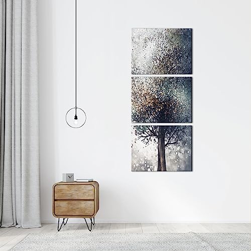Conipit Vertical Tree Painting For Living Room Fantasy Grey Tree Wall Art Silver Tree Of Life Neutral Pictures Wall Decor Stretched Framed Ready To Hang 12''X16''X3 Pcs #TOP1