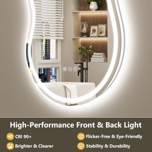 Image of 40x24 Inch Asymmetrical LED Bathroom Mirror with Lights, Backlit & Front-Lit, Anti-Fog, Irregular Cloud Lighted Bathroom Vanity Mirror for Wall, Dimmable, 3 Colors, Memory, HD Tempered Glass