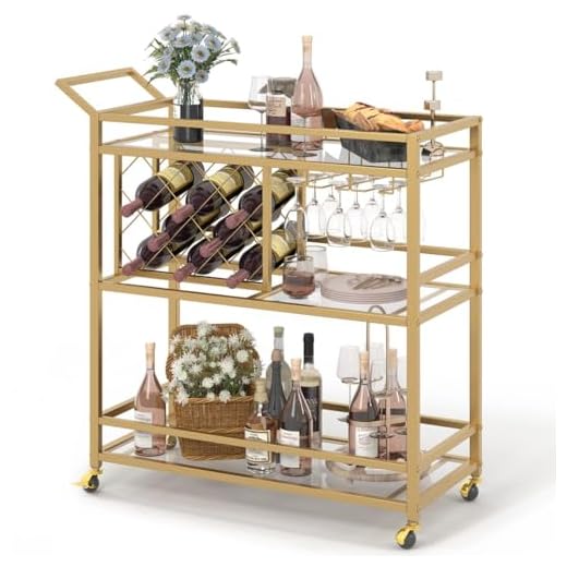 FATORRI Bar Cart Gold, Home Bar Serving Cart with Wine Rack and Glasses Holder, Wine Carts on Wheels with 3 Tier Mirrored Shelves for Liquor and Beverage (Gold)