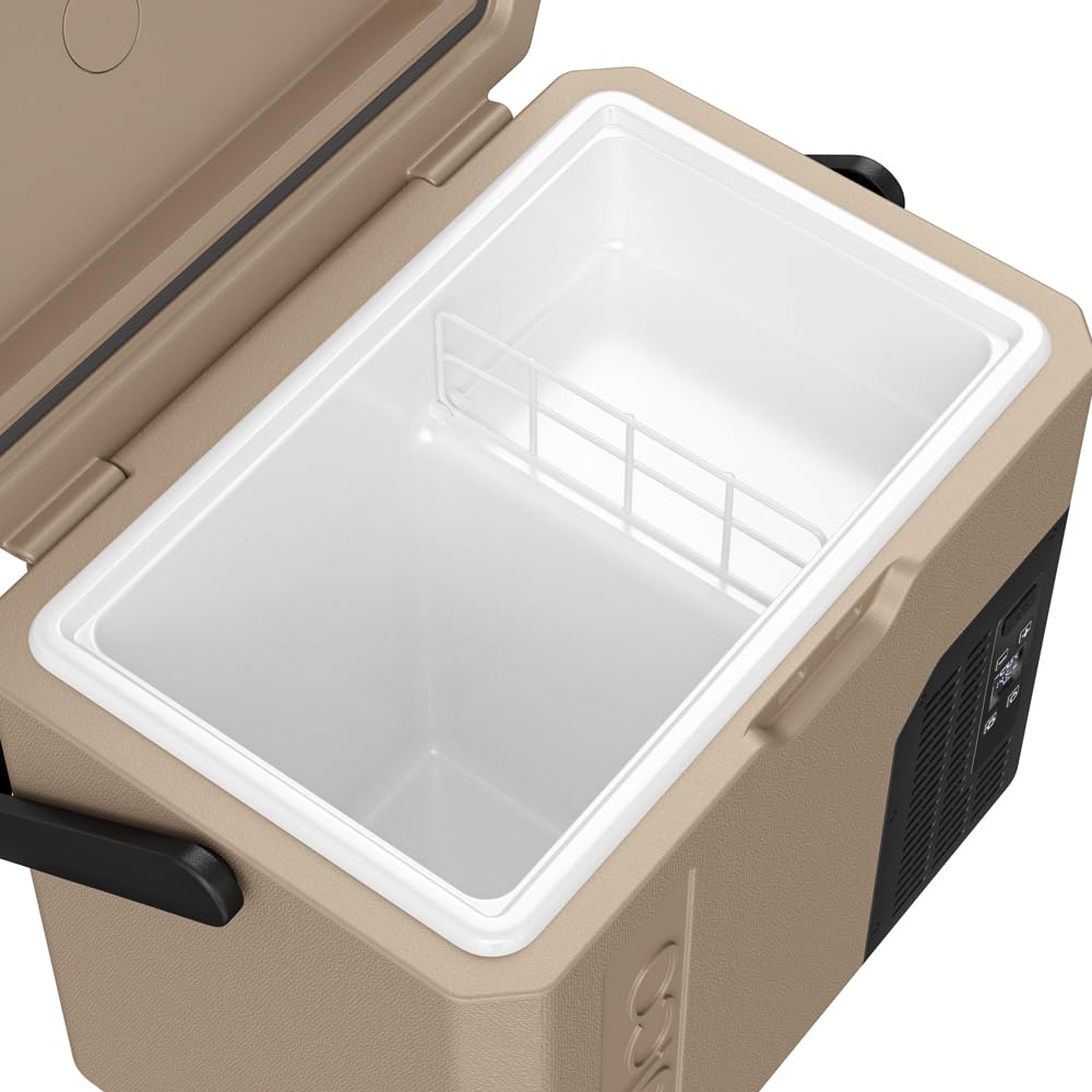 Yolco ET18 piaskowa lodówka podróżna z kompresorem, 18 l, z akumulatorem SC4B, przenośna lodówka i zamrażarka do -20°C, 12/24 V DC i 230 V, USB, do samochodu, ciężarówki, łodzi, na kemping, szara