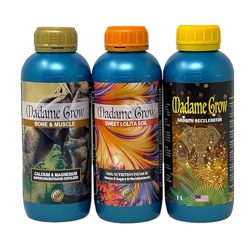 Madame Grow – Kit Bonsai – Fertilizantes Orgánicos – Estimula el Crecimiento, Fortalece las Raíces y Potencia la Floración – Growth Accelerator, Sweet Lolita Soil y Bone & Muscle – 3 x 1 L c/u