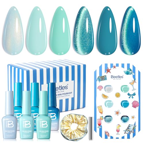 Image of Beetles Blue Gel Nail Polish Set, Summer Voyage Shore Light Cat Eye Gel Polish 6 Colors Mint Green Lyons Nail Gel with Nail Art Stickers & Scrunchie, Soak Off Uv Manicure Kit Gift for Women