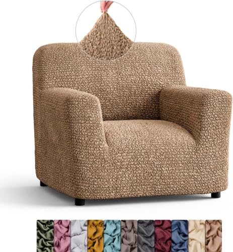 Image of Bellissima Sofa Covers - Premium Luxury Microfibra Plain Stretchable Sofa Cover Single Seater Fully Covered Slipcover, Imported from Italy (Cappuccino)