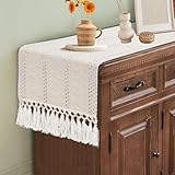 yuboo Boho Table Runner Short, Dresser Runner Cover Top, Beige Macrame Coffee Table Runners for Living Room Kitchen, Nightstand, End Table, Farmhouse Spring Dresser Decor, 48 Inches Long