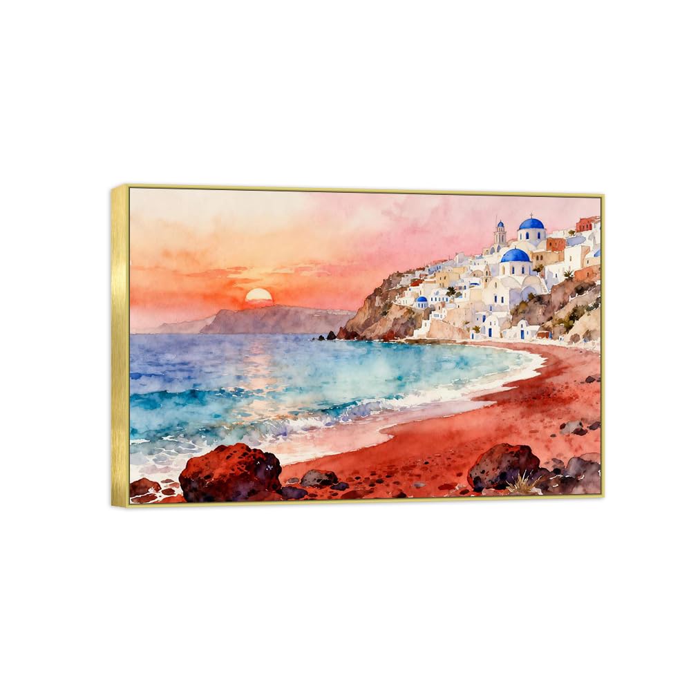 OZPWBVY Meer Leinwandbild-Greece Strand Sonnenuntergang-Küsten Landschaftsbilder für Wohnzimmer Schlafzimmer Fertig zum Aufhängen 80x120cm Goldener Rahmen