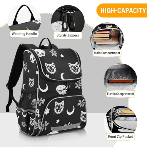 Goth Skull Cat School Backpack For Girls Boys Elementary Bookbag With Reflective Strips2