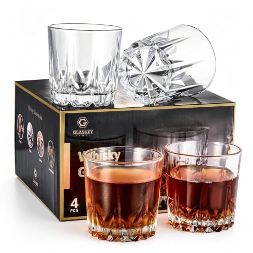 Image of GLASKEY Whiskey Glasses Set of 4,Lead-Free Crystal Old Fashioned Glass,Scotch Glass Tumblers for Drinking Bourbon,Cognac,Irish Whisky,Whisky Glass Gift Set for Men,Dad,Brother-10oz