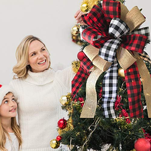 Christmas Tree Topper Large Buffalo Plaid Burlap Red And Black Gift Bow For Xmas Tree Handmade Holiday Party Decorations-13 X 17 Inch #TOP3