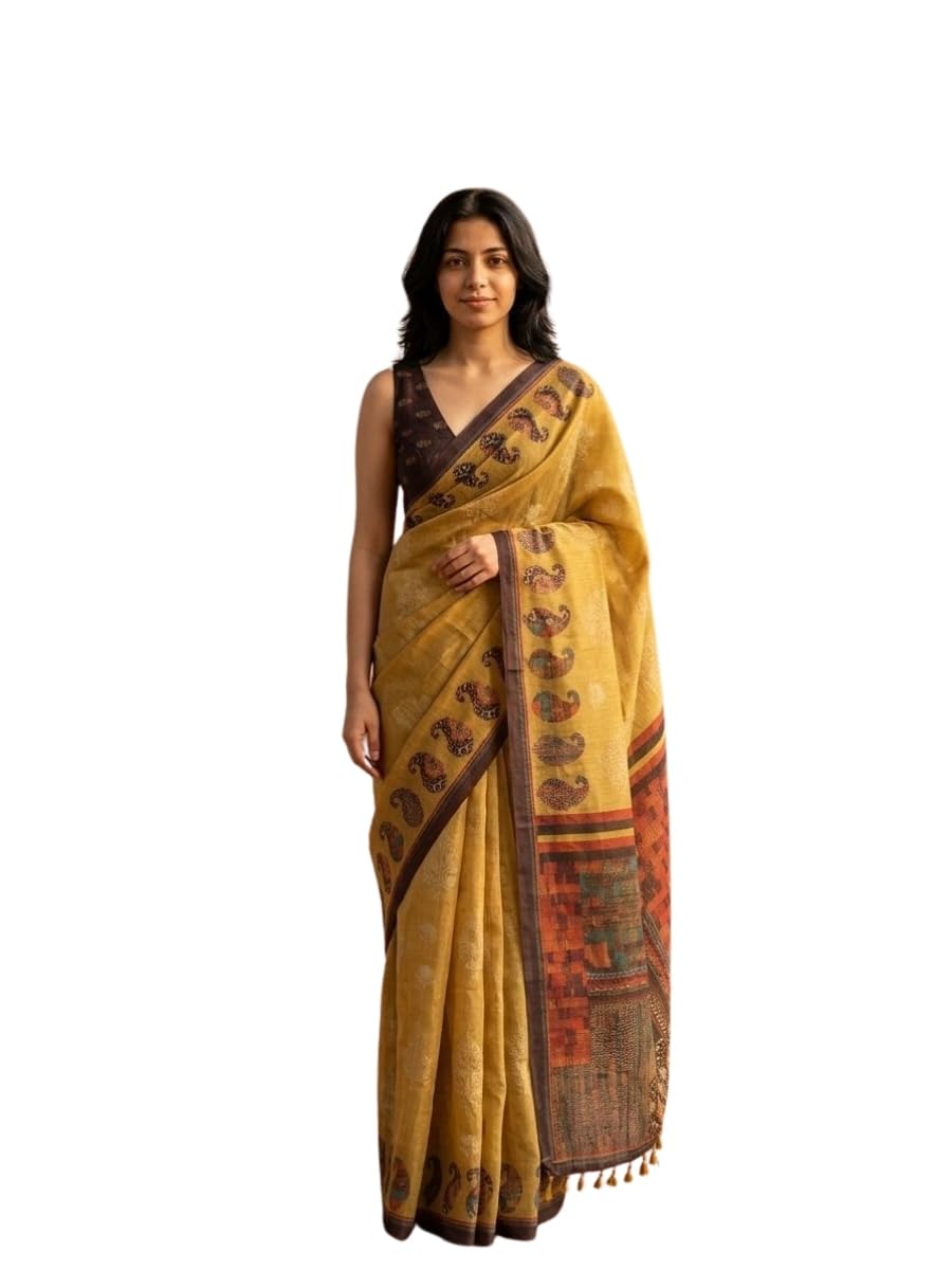 Yellow Silk Kalamkari Paisley Saree for Women-picture-52