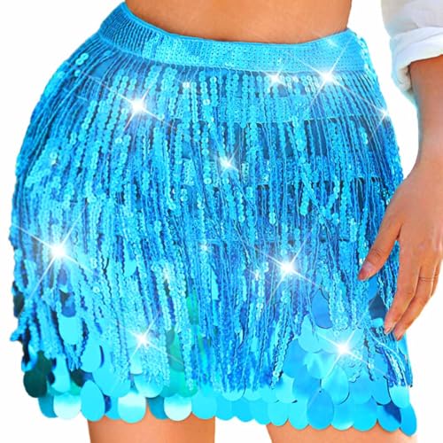 Nicute Sparkly Sequin Skirt Fringe Skirt Belly Dance Hip Scarf Mermaid Costume for Women (Light Blue)